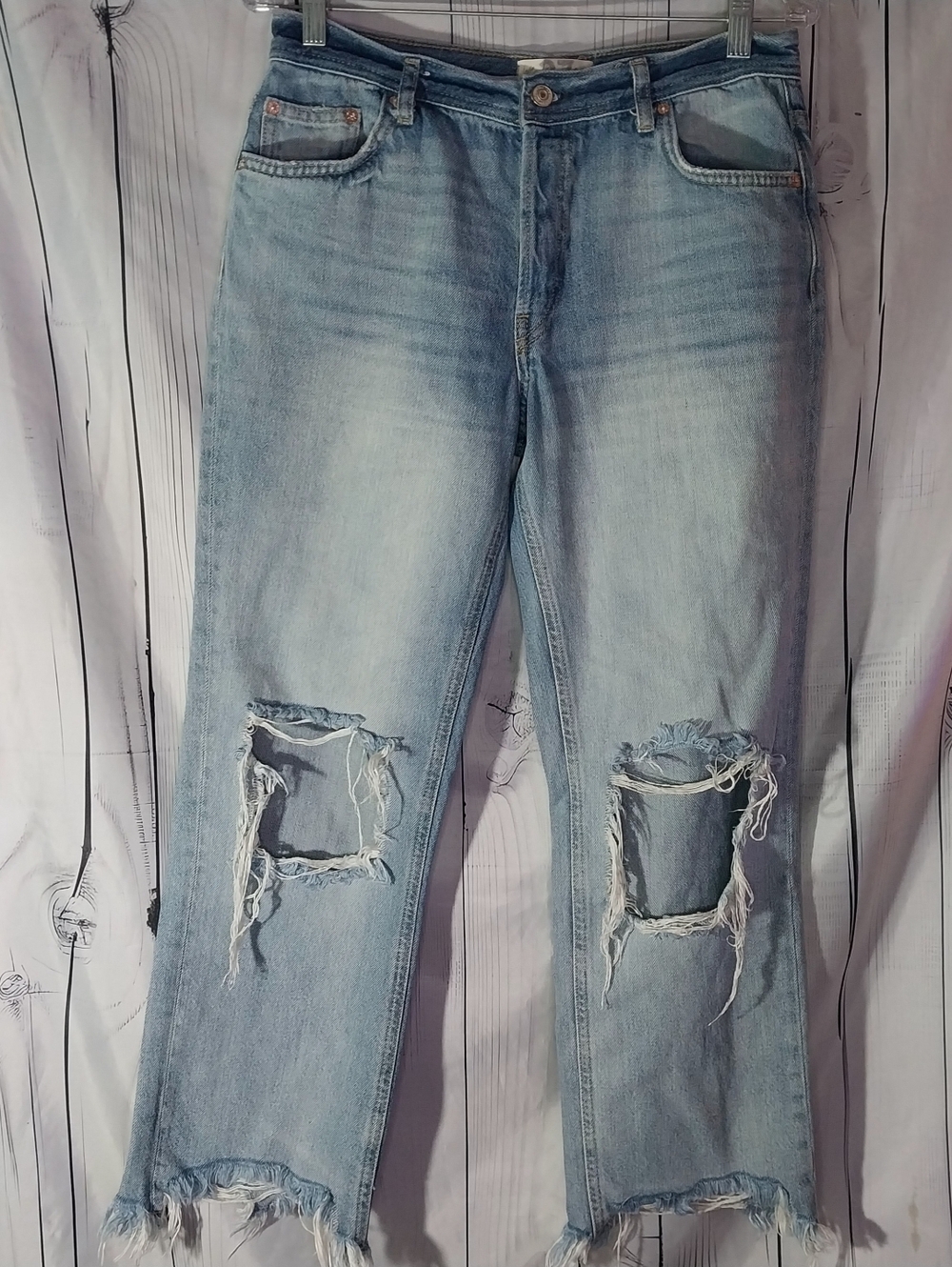 Free People We The Free Maggie Straight Leg Boho Grunge Destroyed Raw Hem Jeans